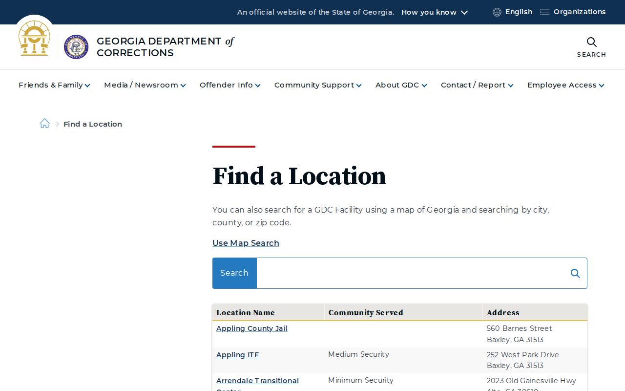 Georgia Department of Corrections locations directory used to distinguish state prisons from Pierce County Jail