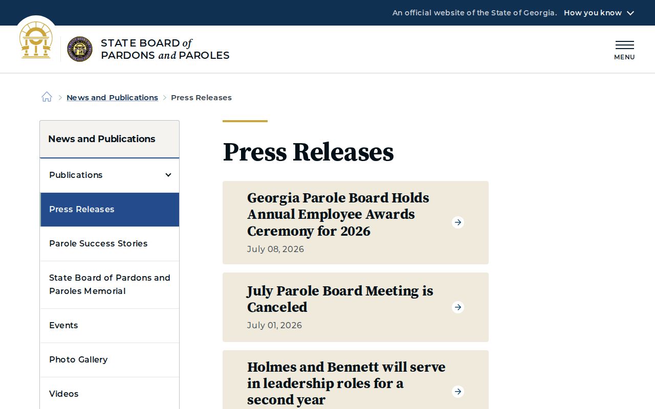 Georgia Parole Board meeting notices related to parole release records