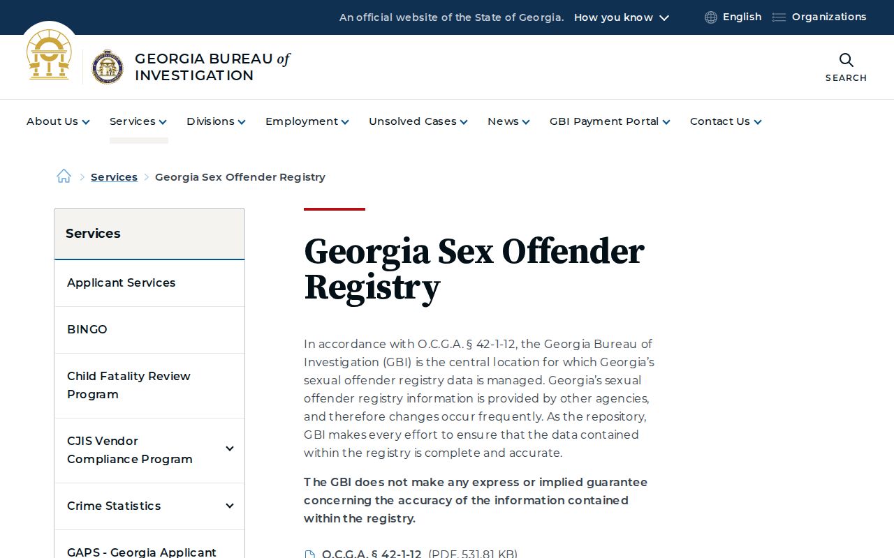 Georgia Bureau of Investigation Sex Offender Registry service page and official search route