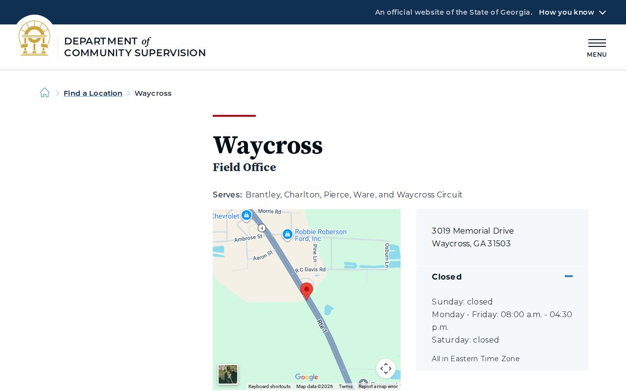 Georgia DCS Waycross field office page serving Pierce County