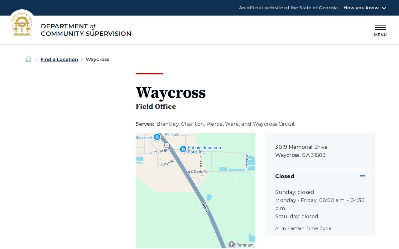 Waycross DCS Field Office serving Pierce County release supervision